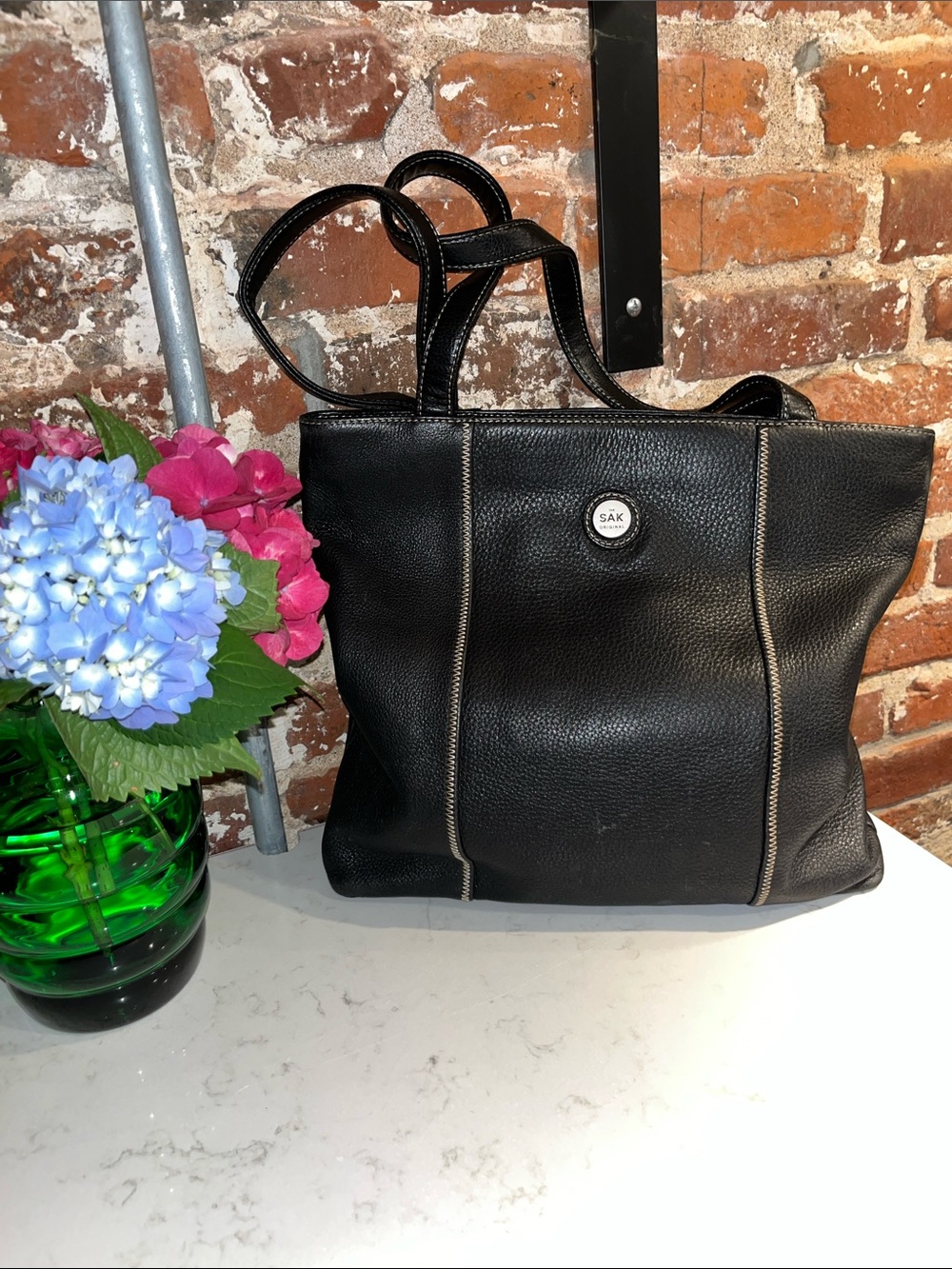 The Sak Black Pebbled Leather Shoulder Tote with Contrast Trim